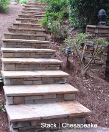 Natural flagstone is on the concrete pad on the steps and deck. Premier Stone is on the vertical surfaces. 